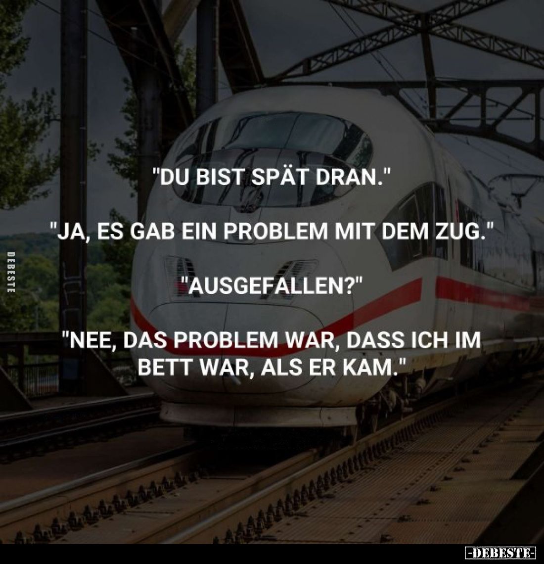 "Du bist spät dran."
"Ja, es gab ein Problem mit dem Zug."
"Ausgefallen?"
"Nee, das Pro...