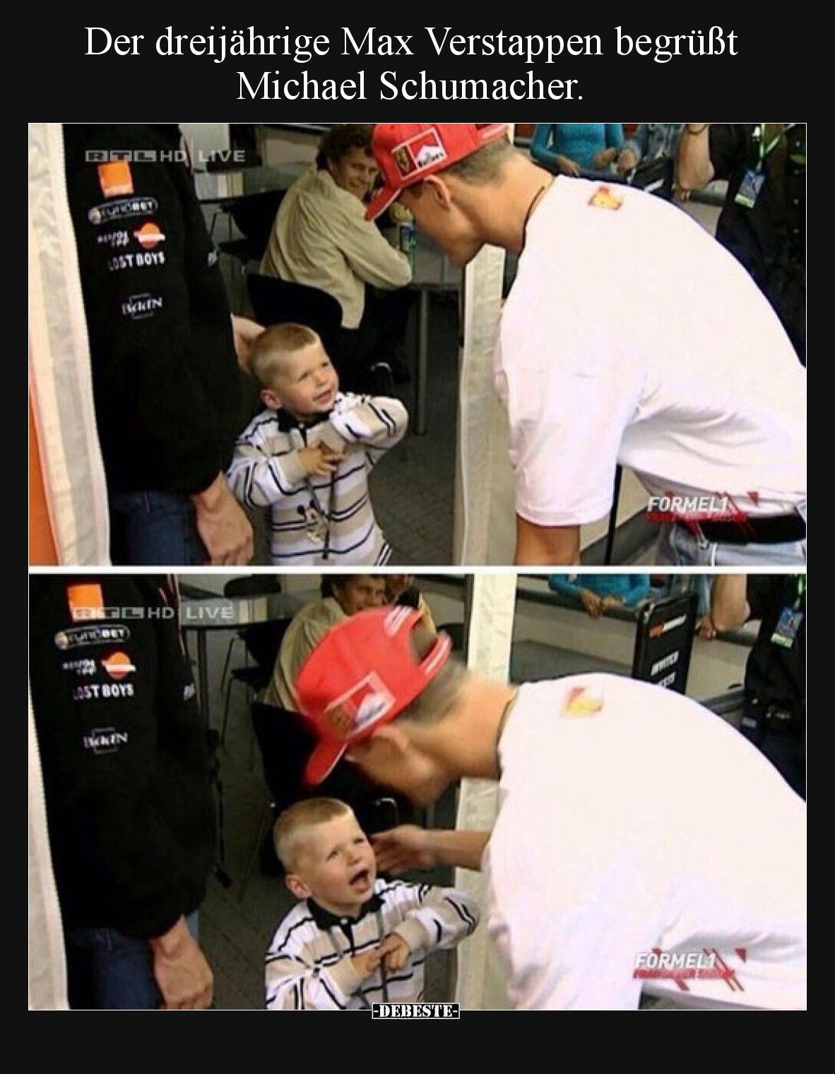 Der dreijährige Max Verstappen begrüßt Michael Schumacher.