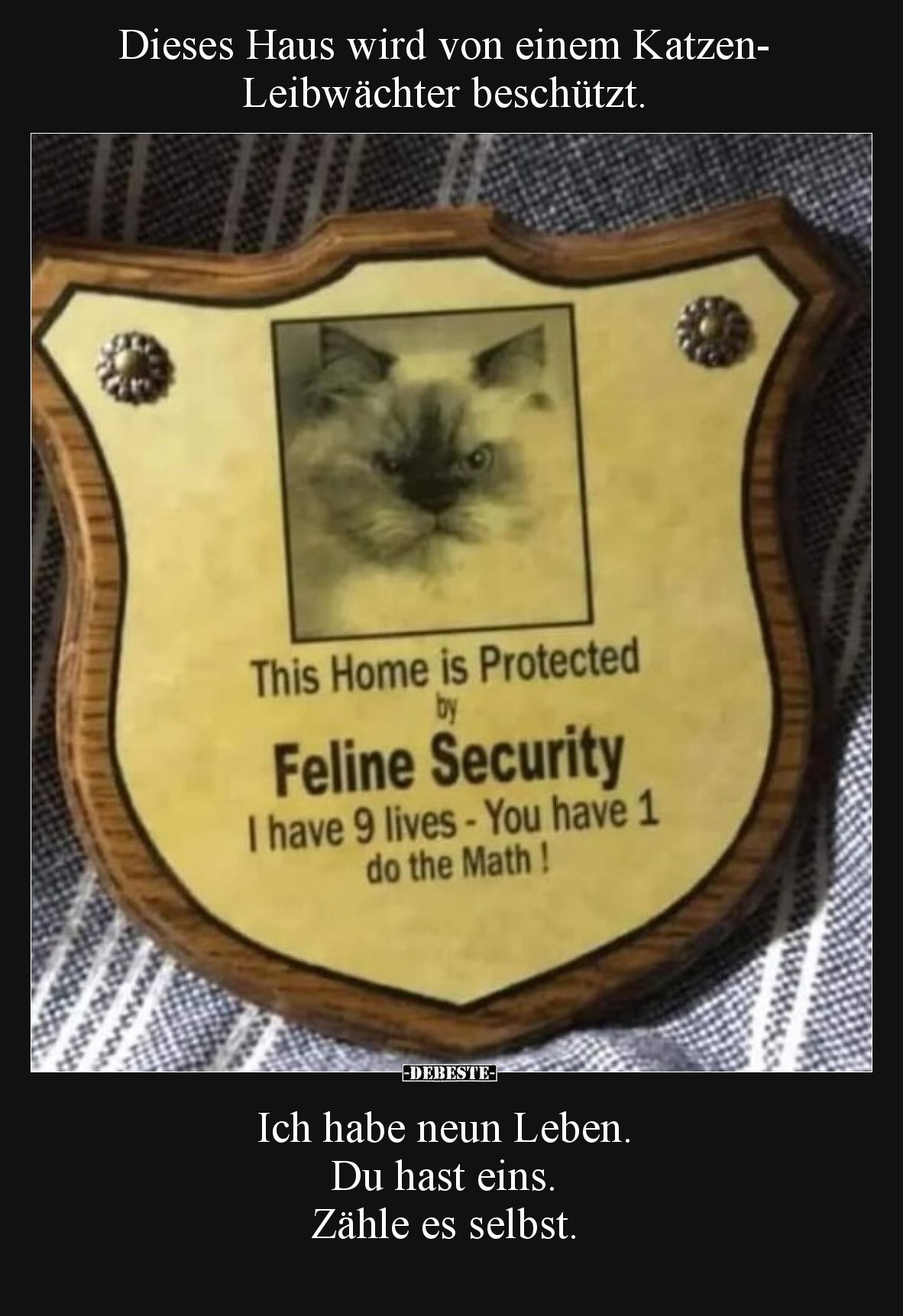 Dieses Haus wird von einem Katzen-Leibwächter beschützt.

Ich habe neun Leben. 
Du hast eins.
Zähle es selbst.