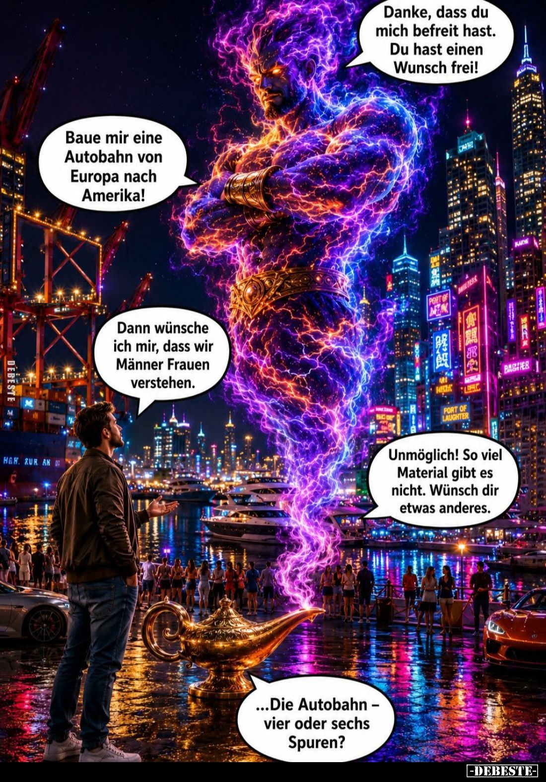 Danke, dass du mich befreit hast. Du hast einen Wunsch frei! -
Baue mir eine Autobahn von Europa nach Amerika! -
Dann wünsc...