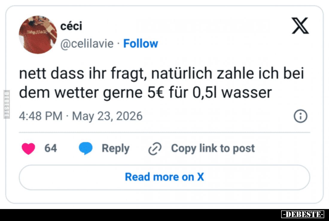 Nett dass ihr fragt, natürlich zahle ich bei dem wetter gerne 5€ für 0,5l wasser