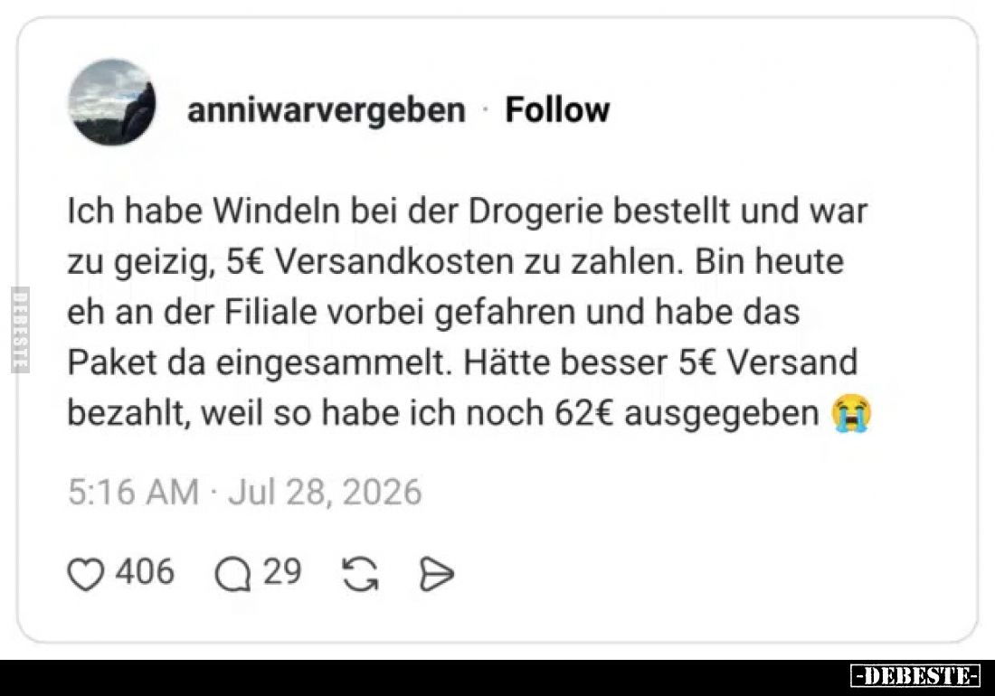 Ich habe Windeln bei der Drogerie bestellt und war zu geizig, 5€ Versandkosten zu zahlen.
Bin heute eh an der Filiale vorbei...