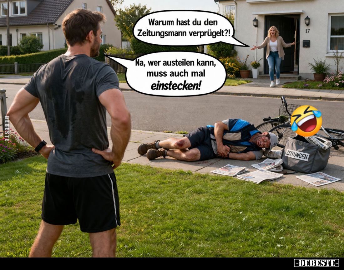 Warum hast du den Zeitungsmann verprügelt?! -
Na, wer austeilen kann, muss auch mal einstecken!