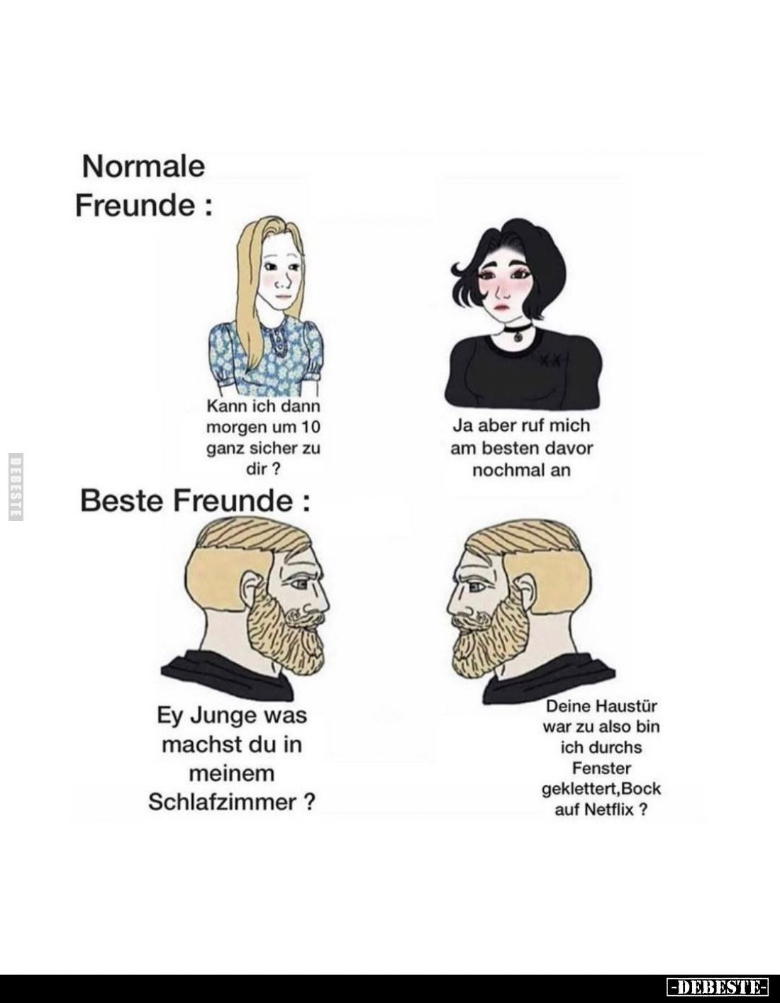 Normale Freunde:
Kann ich dann morgen um 10 ganz sicher zu dir? -
Ja aber ruf mich am besten davor nochmal an. -
Beste Fre...