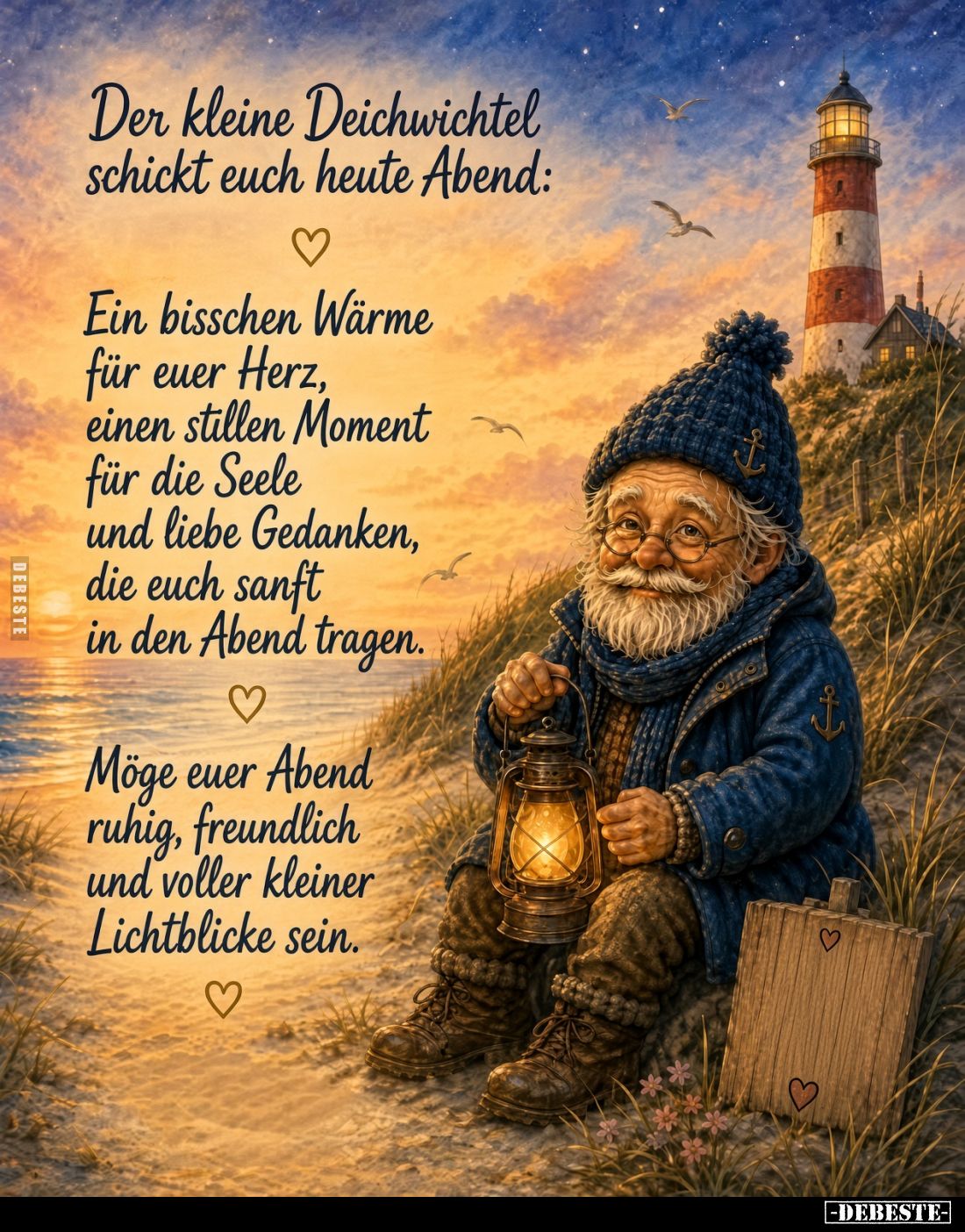 Der kleine Deichwichtel schickt euch heute Abend:
Ein bisschen Wärme für euer Herz, einen stillen Moment für die Seele und l...