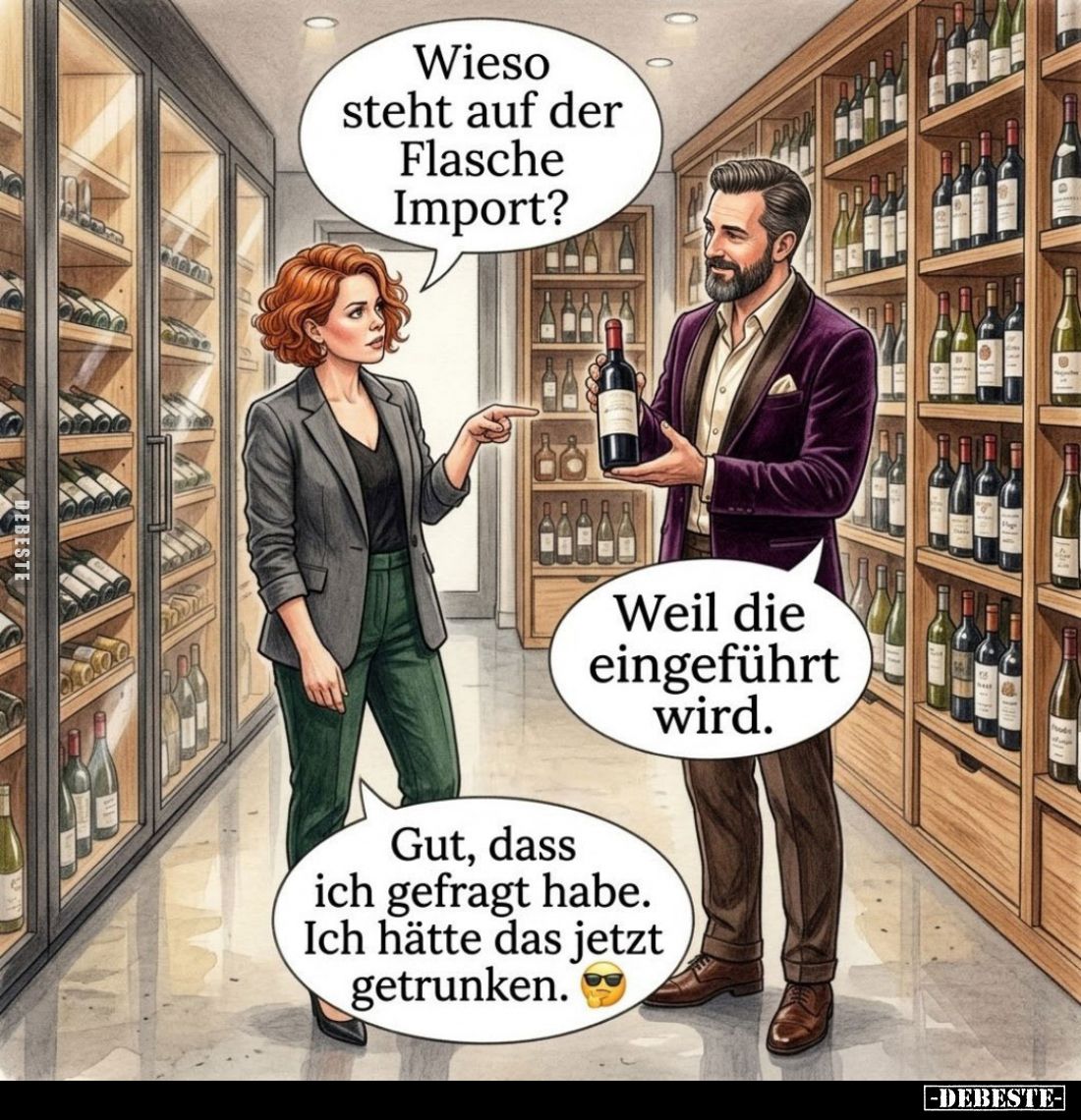 Wieso steht auf der Flasche Import? -
Weil die eingeführt wird.
-
Gut, dass ich gefragt habe. Ich hätte das jetzt getrunke...