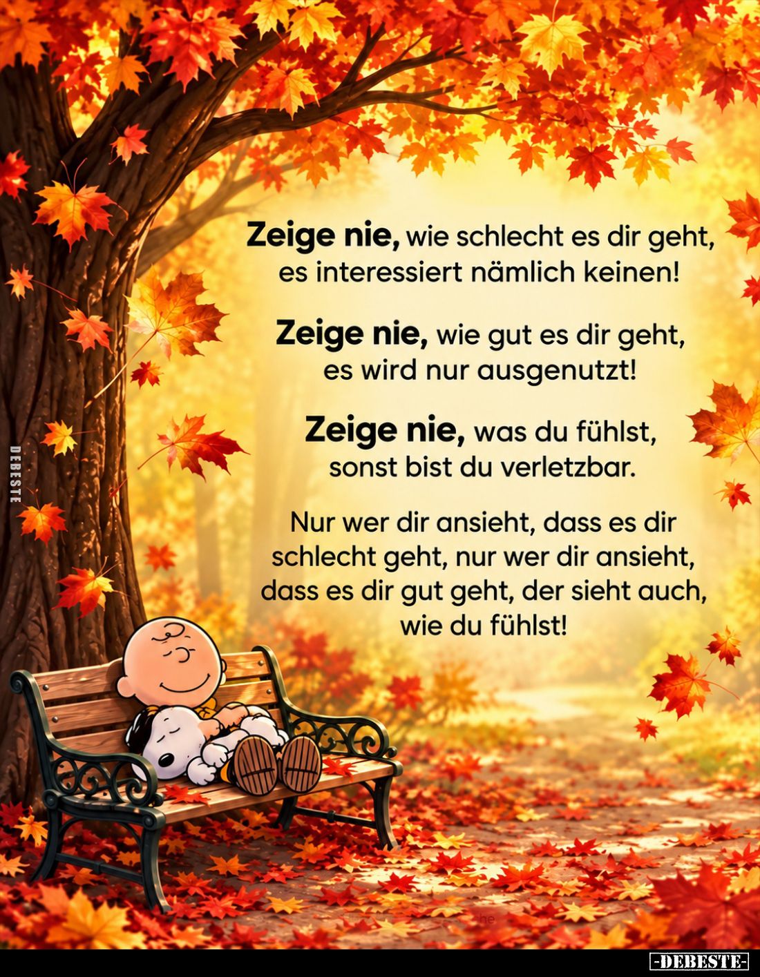 Zeige nie, wie schlecht es dir geht, es interessiert nämlich keinen!
Zeige nie, wie gut es dir geht, es wird nur ausgenutzt!...