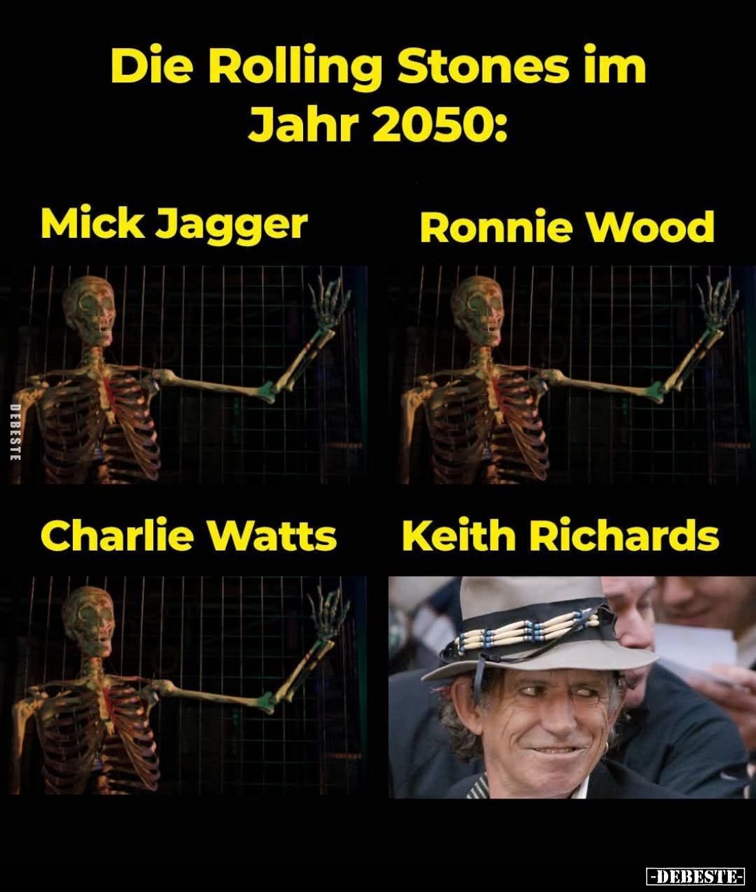 Die Rolling Stones im
Jahr 2050:
Mick Jagger,
Ronnie Wood,
Charlie Watts,
Keith Richards.