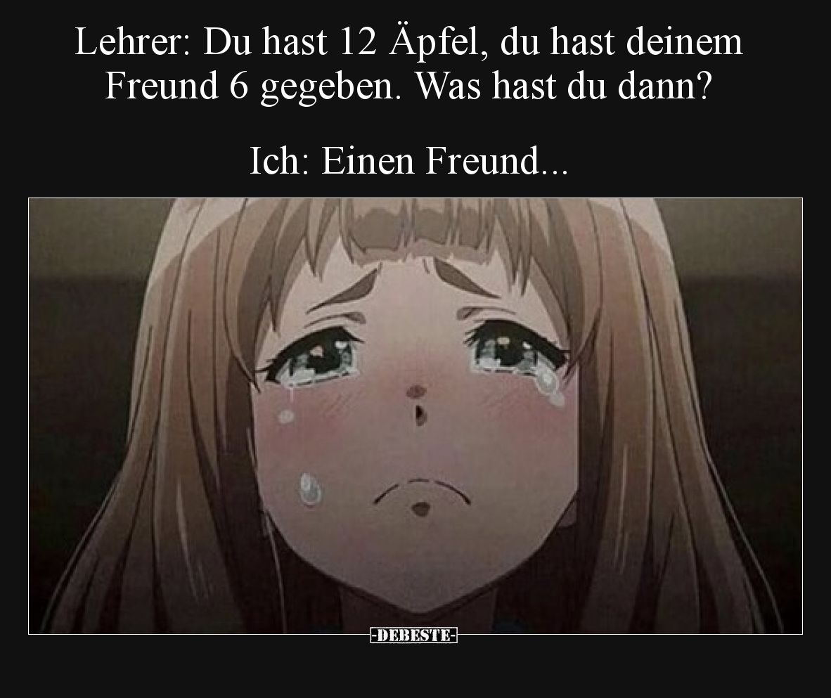 Lehrer: Du hast 12 Äpfel, du hast deinem Freund 6 gegeben. Was hast du dann? Ich: Einen Freund...
