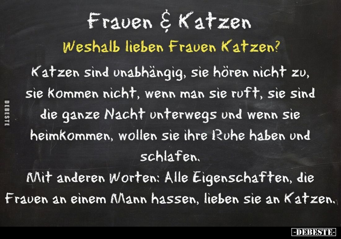 Frauen & Katzen
-
Weshalb lieben Frauen Katzen?
Katzen sind unabhängig, sie hören nicht zu, sie kommen nicht, wenn man...