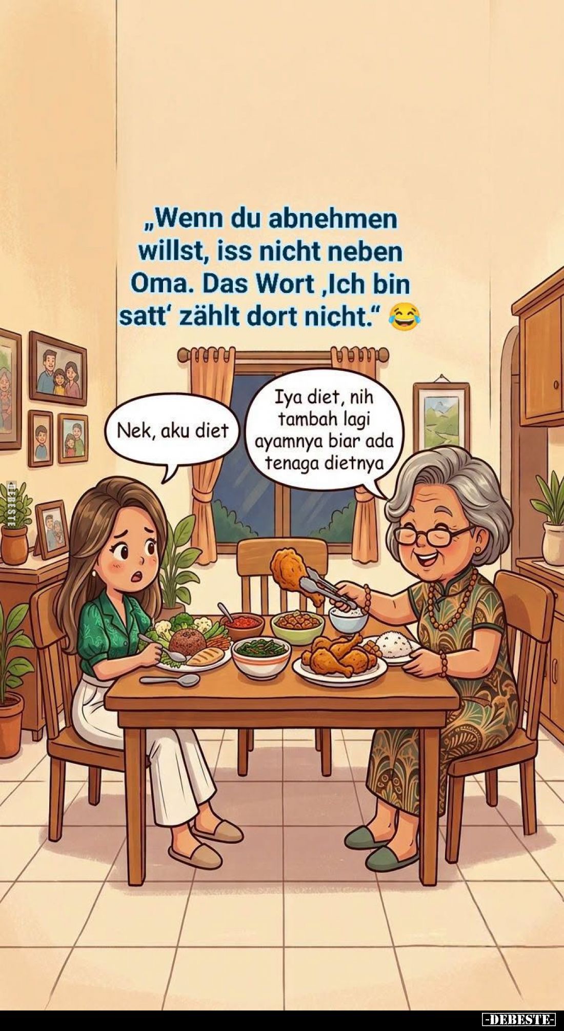 "Wenn du abnehmen willst, iss nicht neben Oma. Das Wort, Ich bin satt' zählt dort nicht." -
Nek, aku diet -
Iya d...