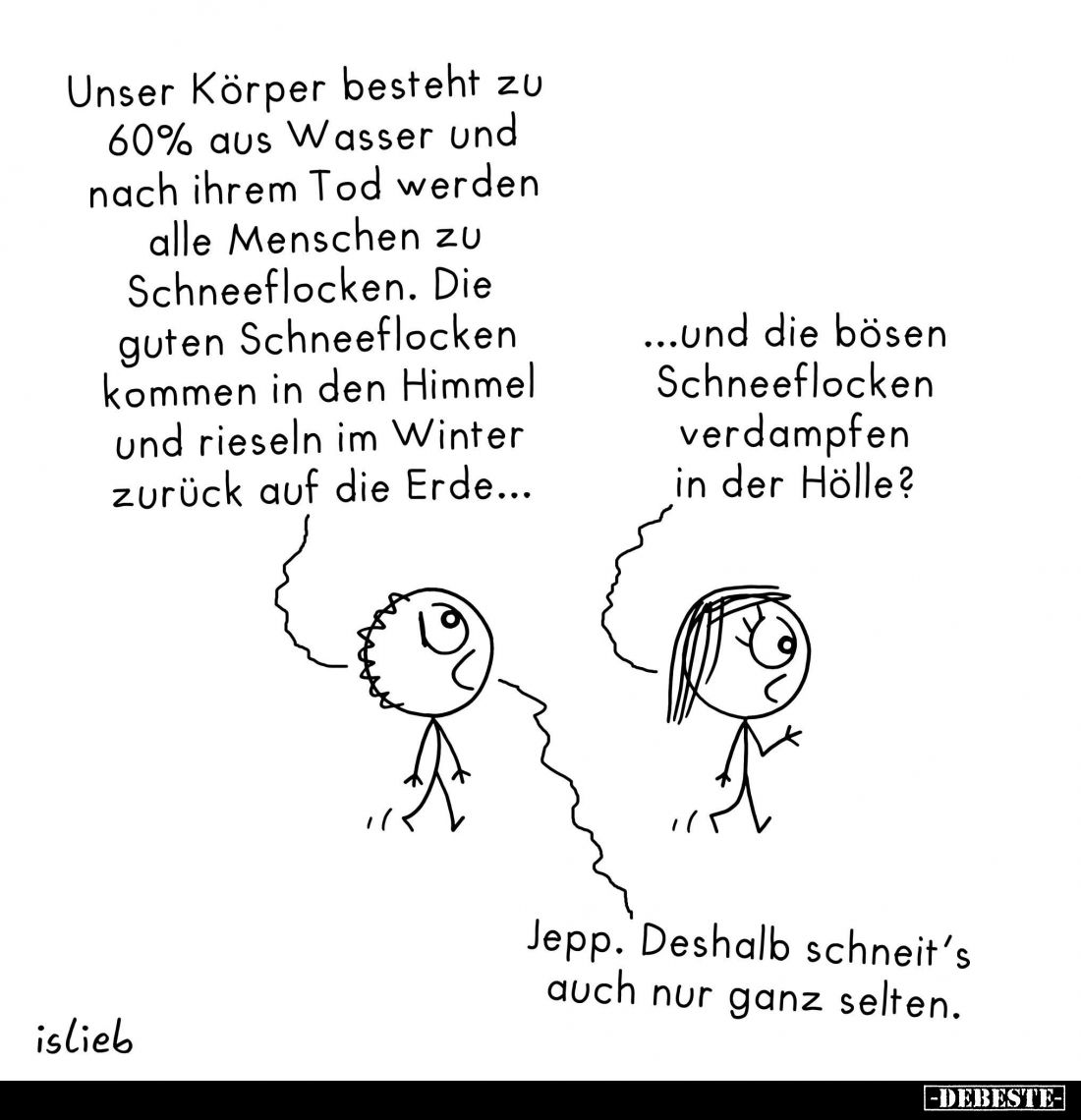Unser Körper besteht zu 60% aus Wasser und nach ihrem Tod werden alle Menschen zu Schneeflocken. Die guten Schneeflocken komm...