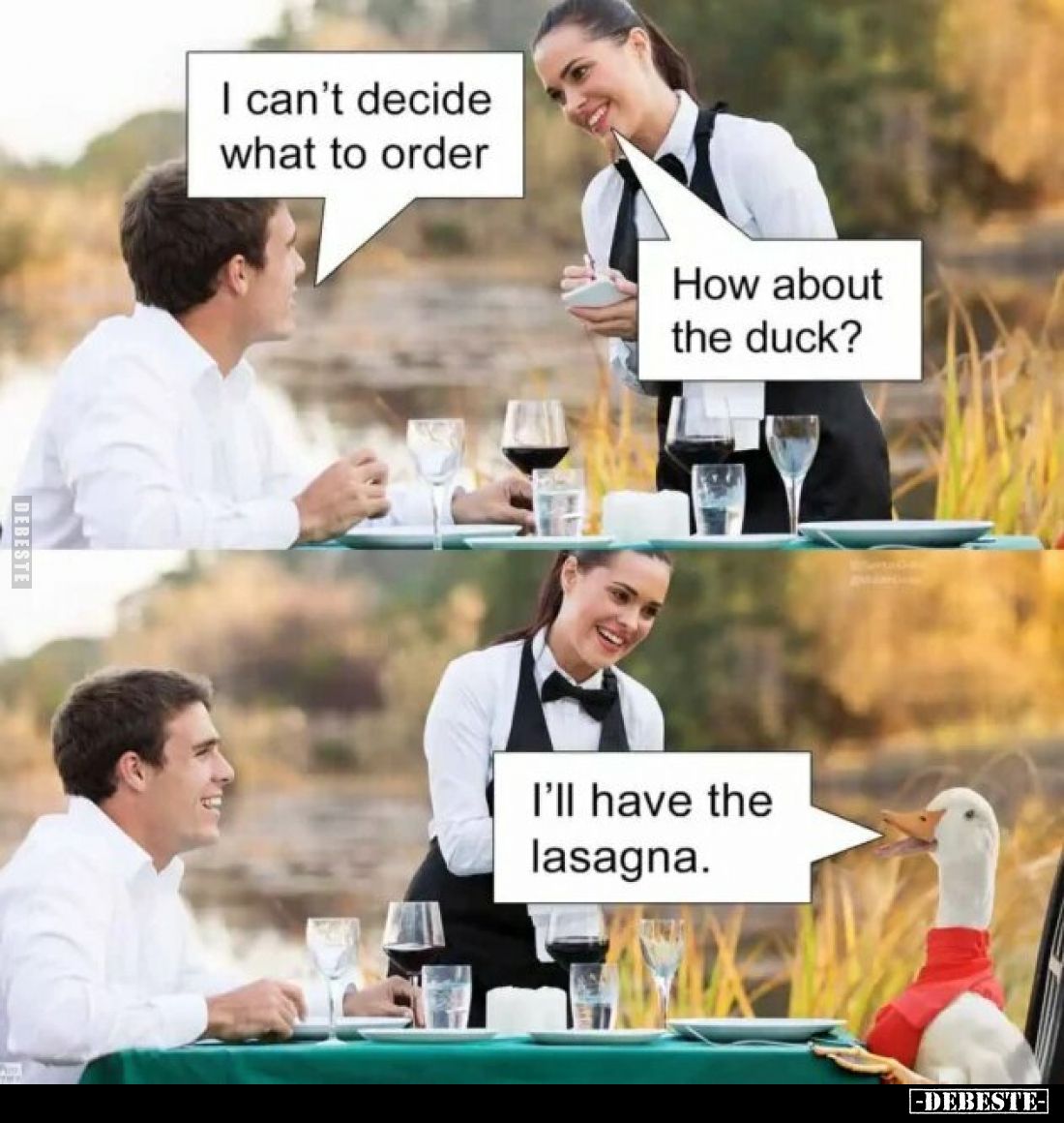 I can't decide what to order.
How about the duck?
I'll have the lasagna.