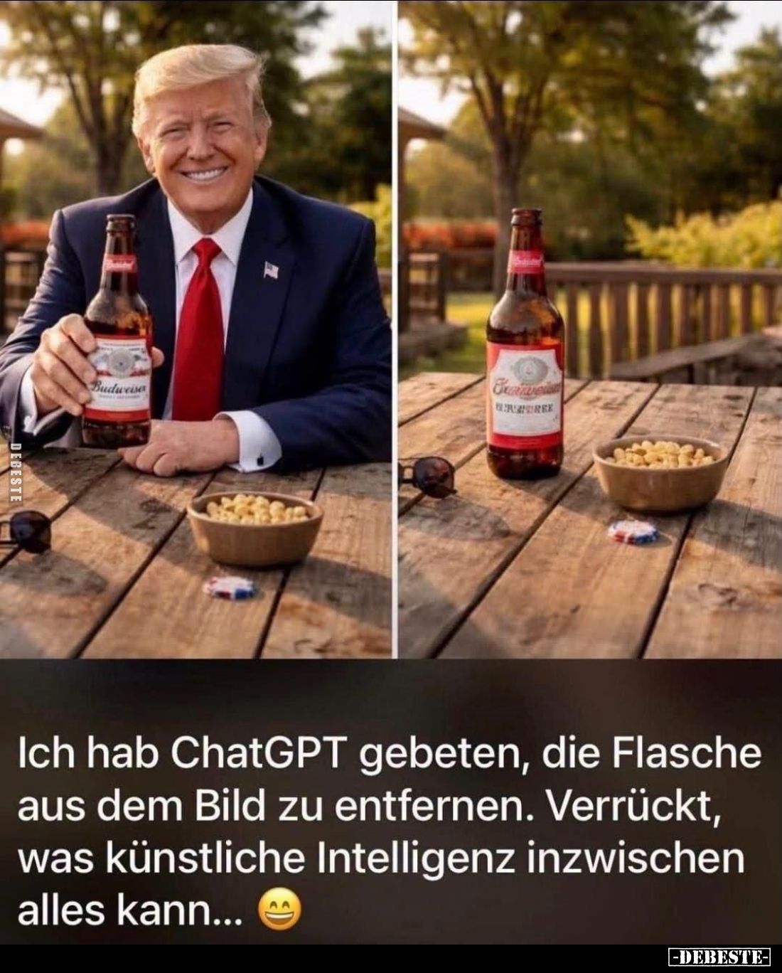 Ich hab ChatGPT gebeten, die Flasche aus dem Bild zu entfernen.
Verrückt, was künstliche Intelligenz inzwischen alles kann.....