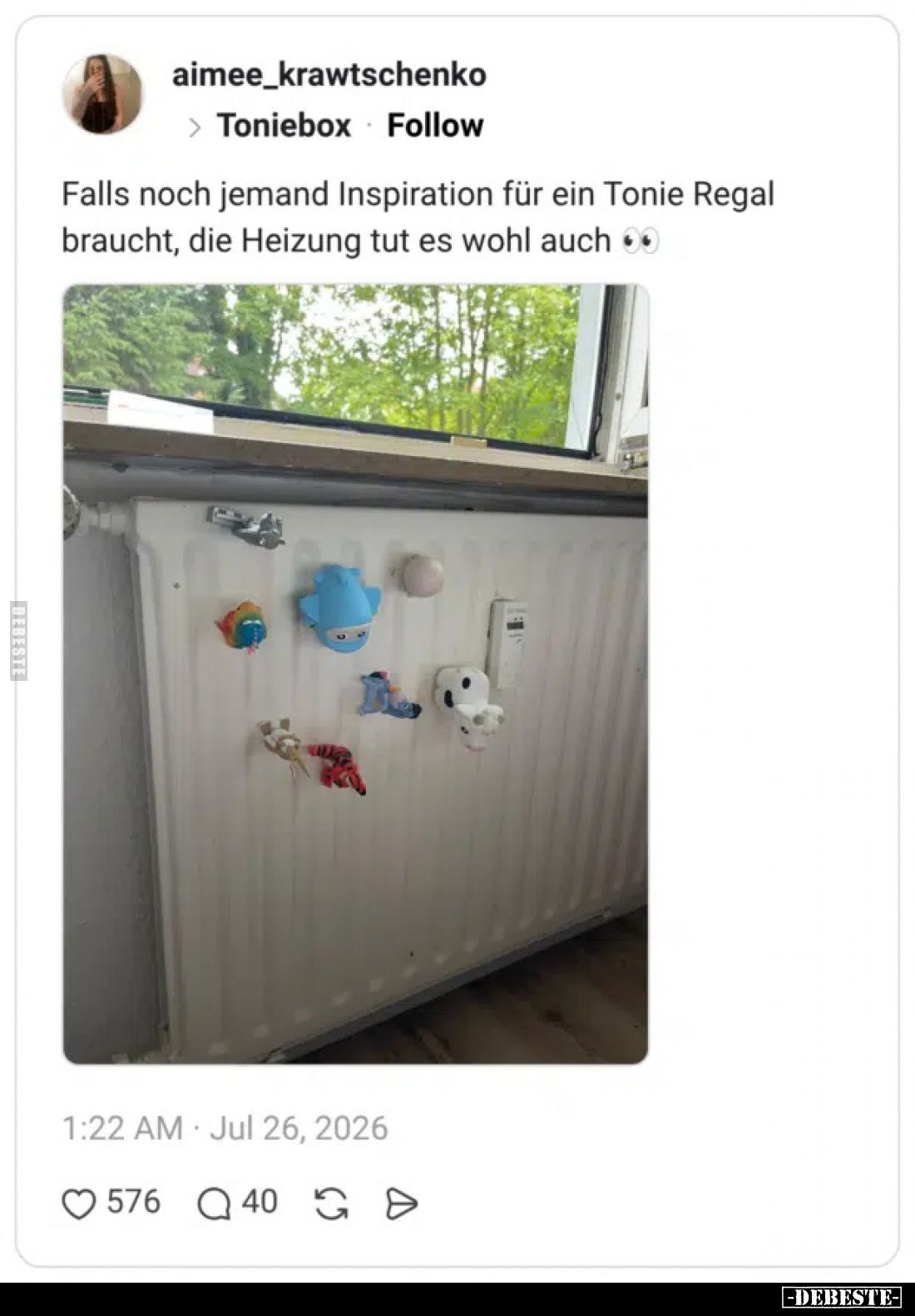 Falls noch jemand Inspiration für ein Tonie Regal braucht, die Heizung tut es wohl auch