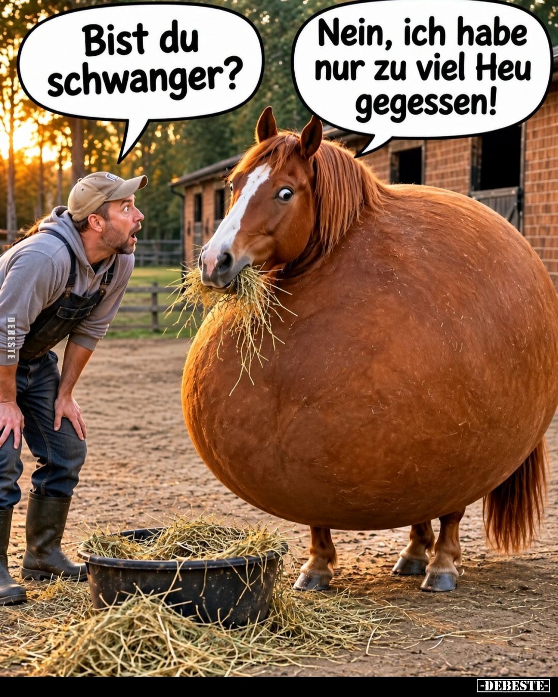 Bist du schwanger? -
Nein, ich habe nur zu viel Heu gegessen!