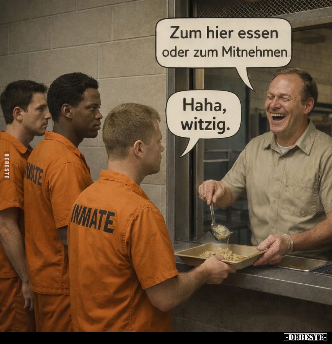 Zum hier essen oder zum Mitnehmen. -
Haha, witzig.