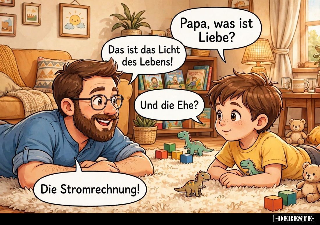 Papa, was ist Liebe? -
Das ist das Licht des Lebens!
-
Und die Ehe?
-
Die Stromrechnung!
