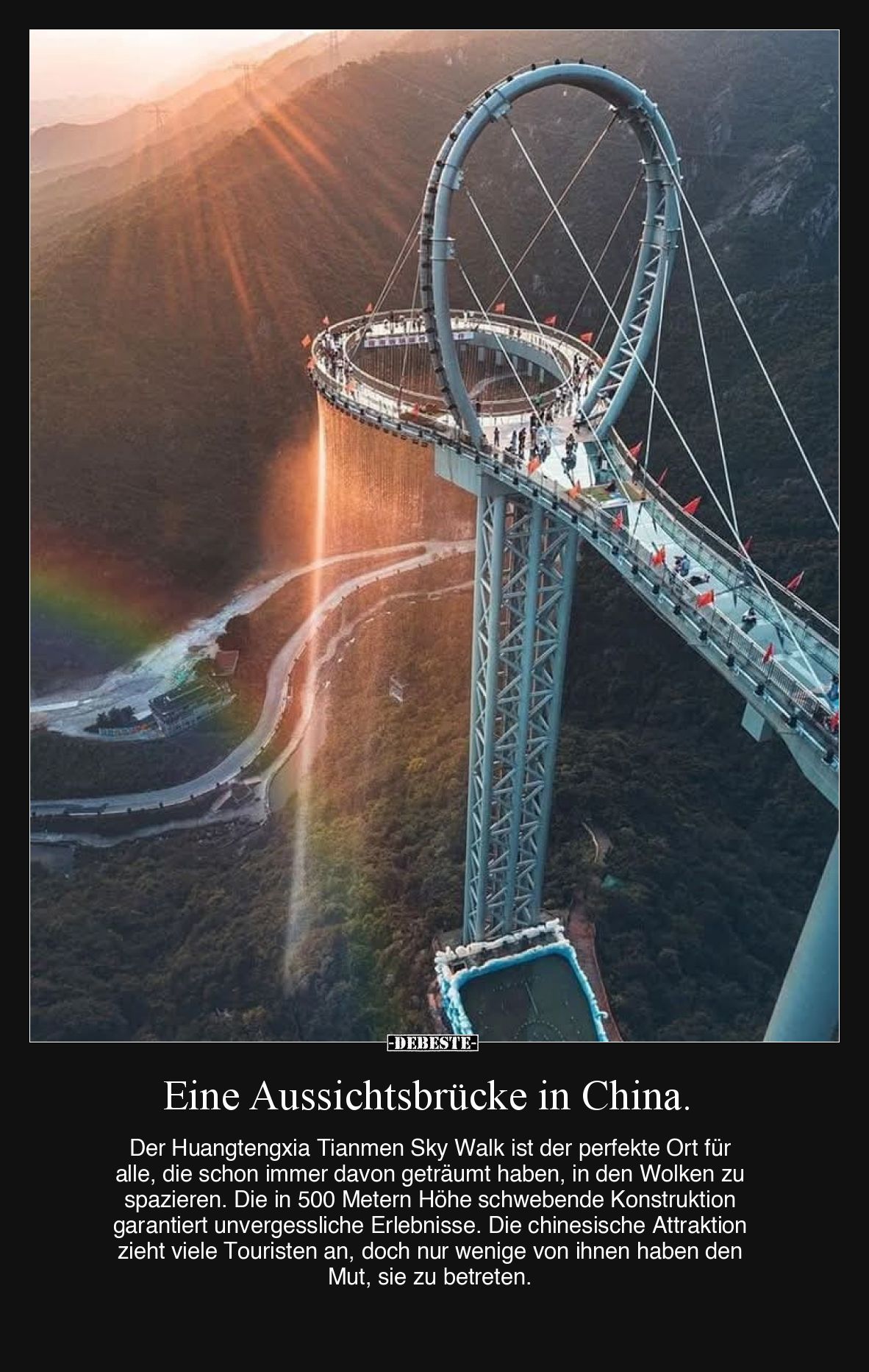 Eine Aussichtsbrücke in China.
Der Huangtengxia Tianmen Sky Walk ist der perfekte Ort für alle, die schon immer davon getr...