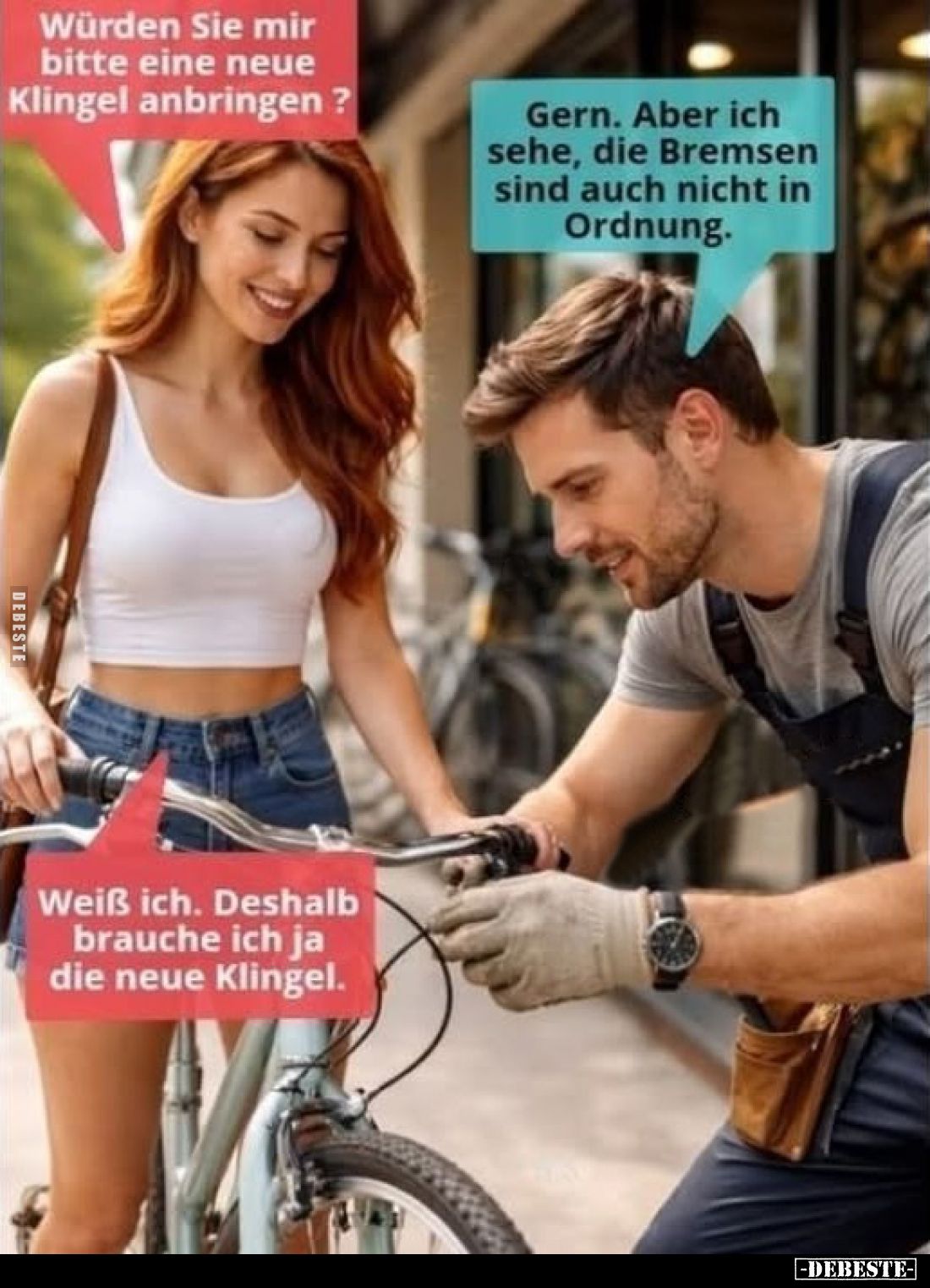 Würden Sie mir bitte eine neue Klingel anbringen?
-
Gern. Aber ich sehe, die Bremsen sind auch nicht in Ordnung.
-
Weiß i...