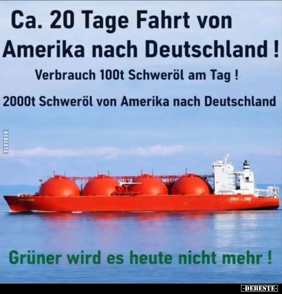 Ca. 20 Tage Fahrt von Amerika nach Deutschland!
Verbrauch 100t Schweröl am Tag!
2000t Schweröl von Amerika nach Deutschland...
