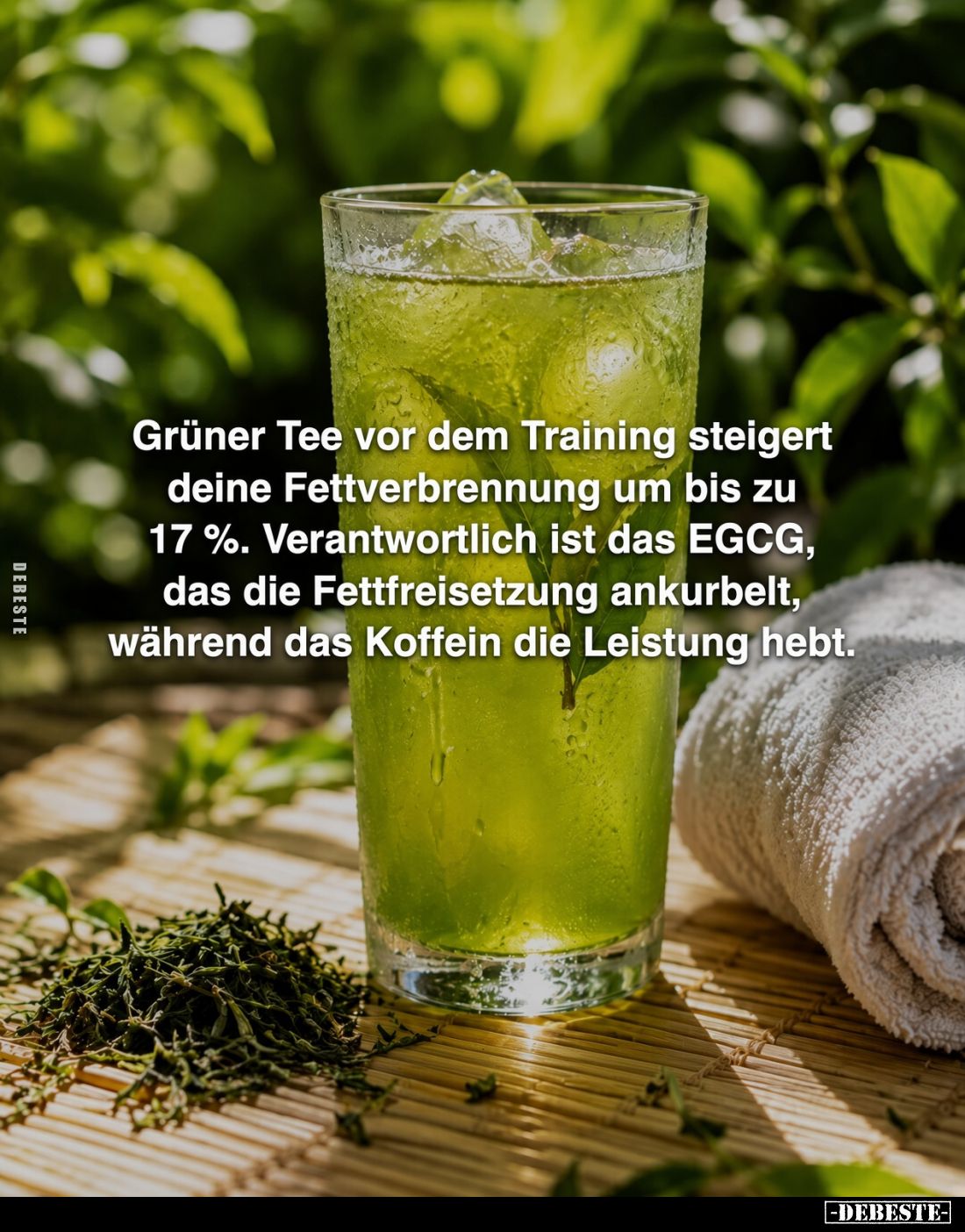 Grüner Tee vor dem Training steigert deine Fettverbrennung um bis zu 17%. Verantwortlich ist das EGCG, das die Fettfreisetzun...