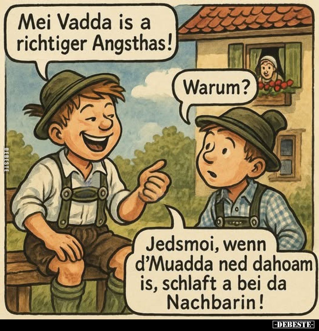 Mei Vadda is a richtiger Angsthas!
-
Warum?
-
Jedsmoi, wenn d'Muadda ned dahoam is, schlaft a bei da Nachbarin!