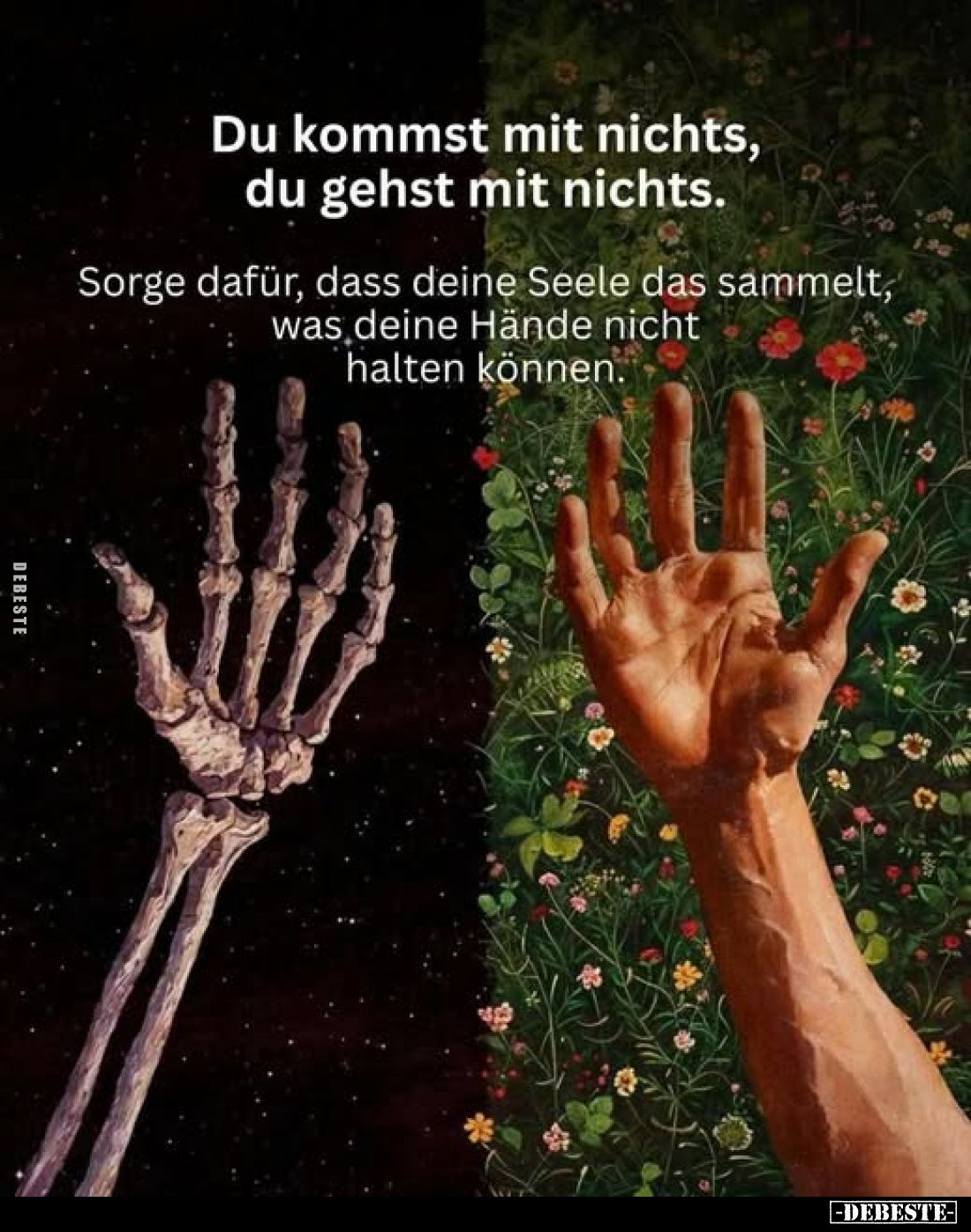 Du kommst mit nichts, du gehst mit nichts.
Sorge dafür, dass deine Seele das sammelt, was deine Hände nicht halten können.