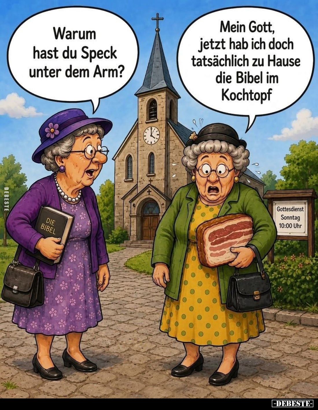 Warum hast du Speck unter dem Arm? -
Mein Gott, jetzt hab ich doch tatsächlich zu Hause die Bibel im Kochtopf.