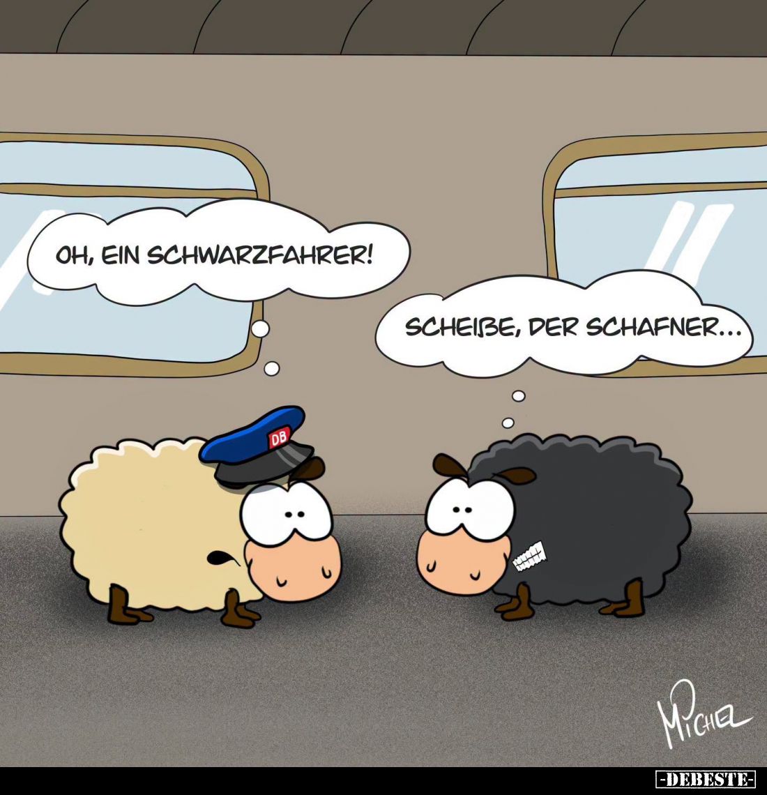 Oh, ein Schwarzfahrer! -
Scheiße, der Schafner...