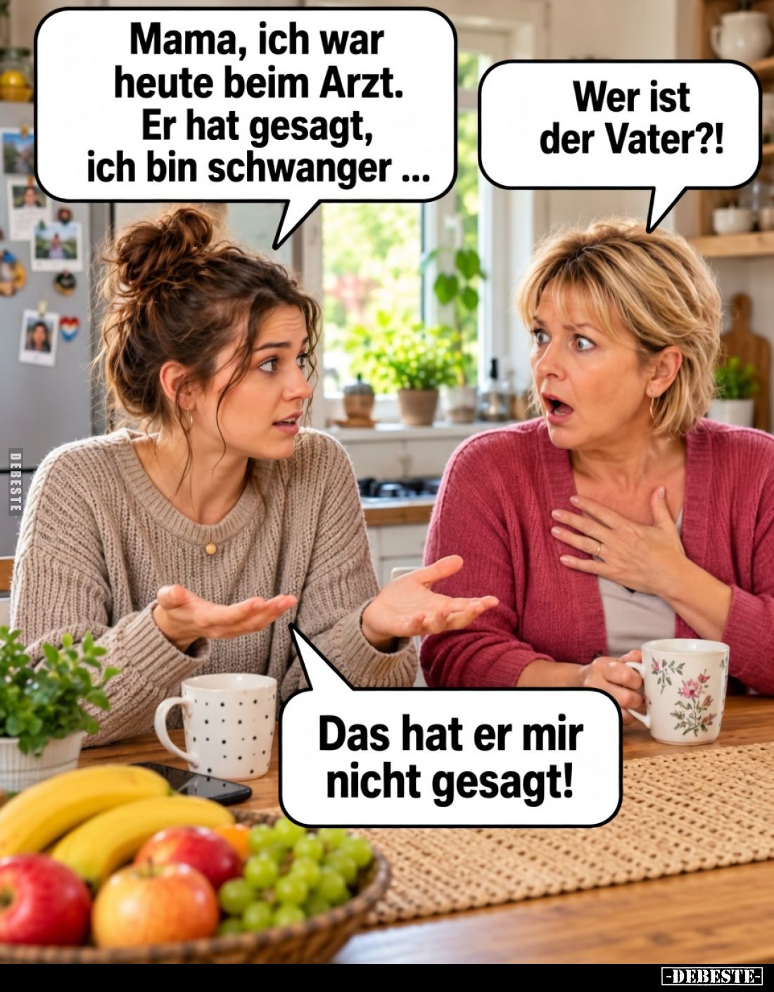 Mama, ich war heute beim Arzt. Er hat gesagt, ich bin schwanger ...

Wer ist der Vater?!

Das hat er mir nicht gesagt!