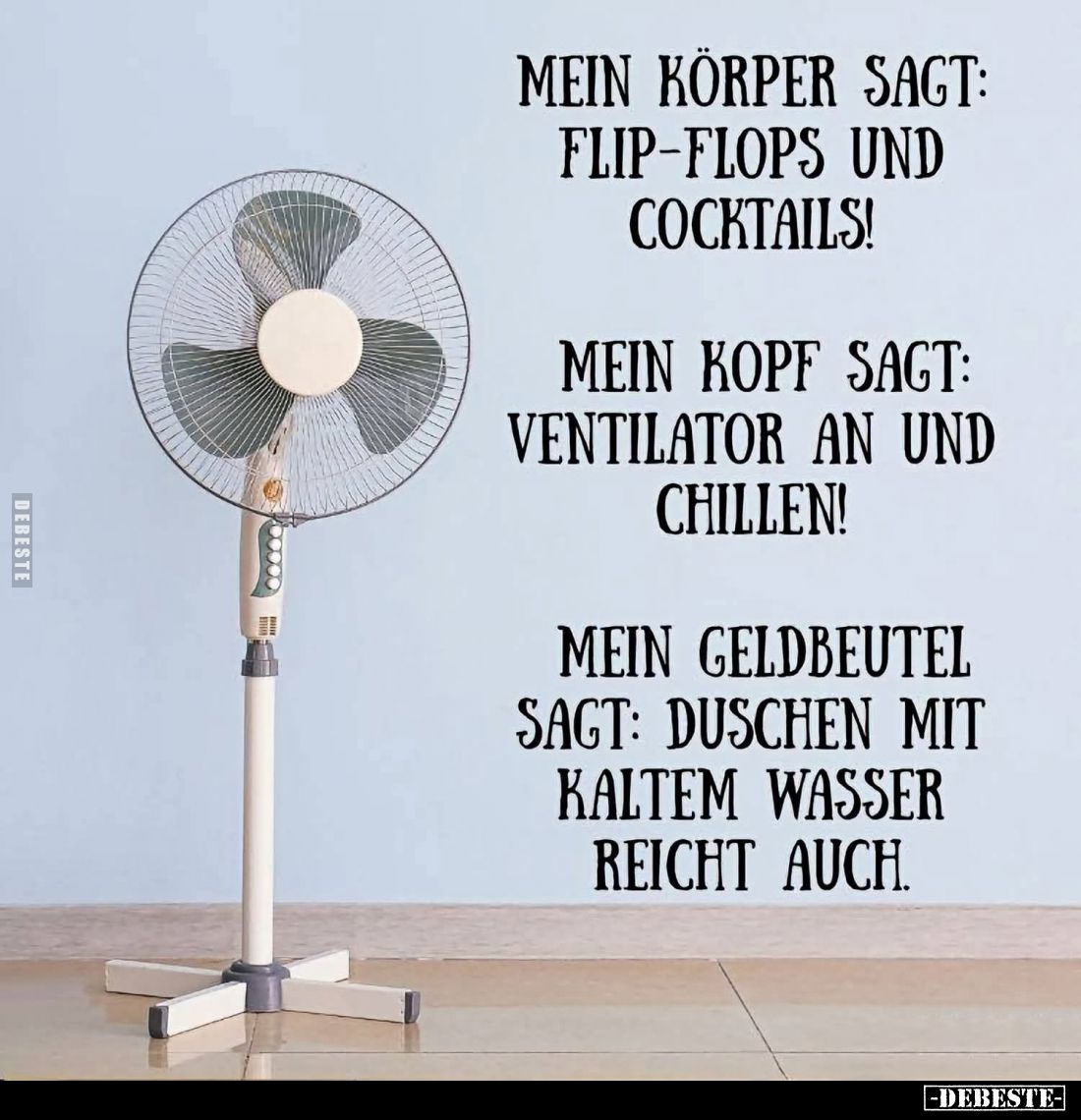 Mein Körper sagt: Flip-Flops und Cocktails!
Mein Kopf sagt: Ventilator an und Chillen!
Mein Geldbeutel sagt: Duschen mit ka...
