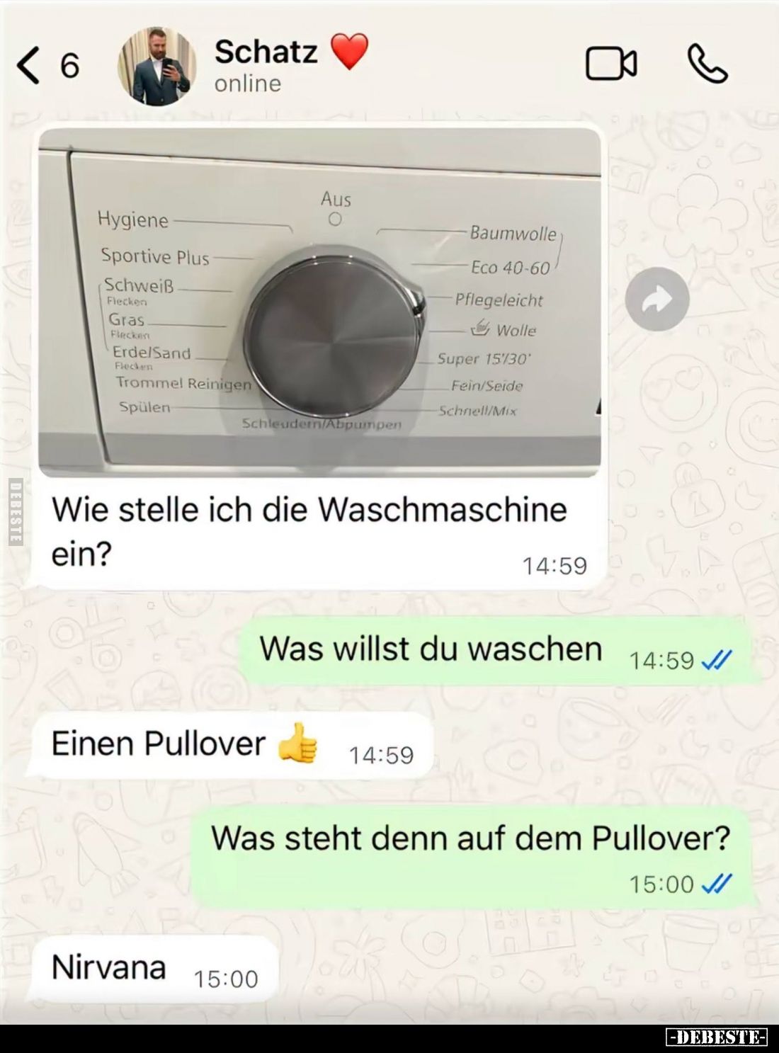 Wie stelle ich die Waschmaschine ein?
-
Was willst du waschen
-
Einen Pullover
-
Was steht denn auf dem Pullover?
-
N...