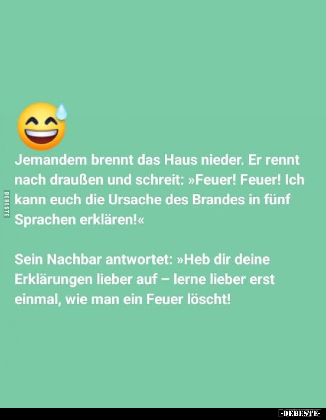 Jemandem brennt das Haus nieder. Er rennt nach draußen und schreit: »Feuer! Feuer! Ich kann euch die Ursache des Brandes in f...