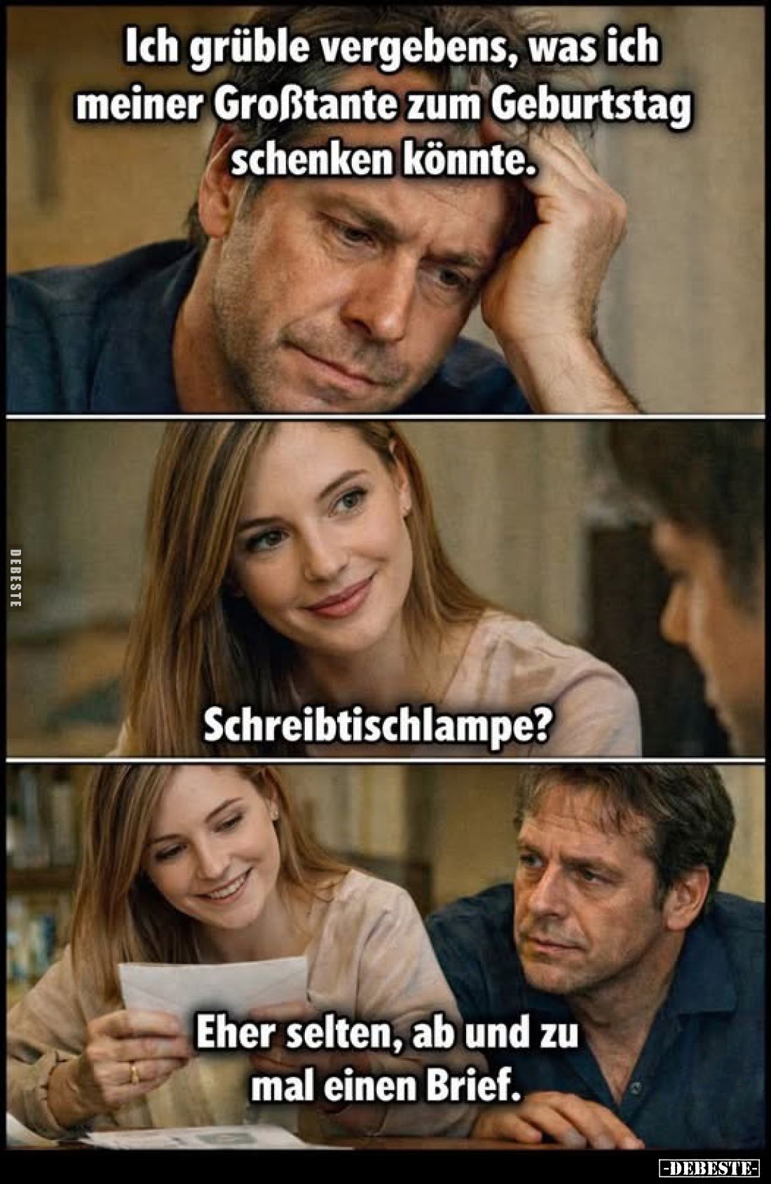 Ich grüble vergebens, was ich meiner Großtante zum Geburtstag schenken könnte.
-
Schreibtischlampe?
-
Eher selten, ab und...