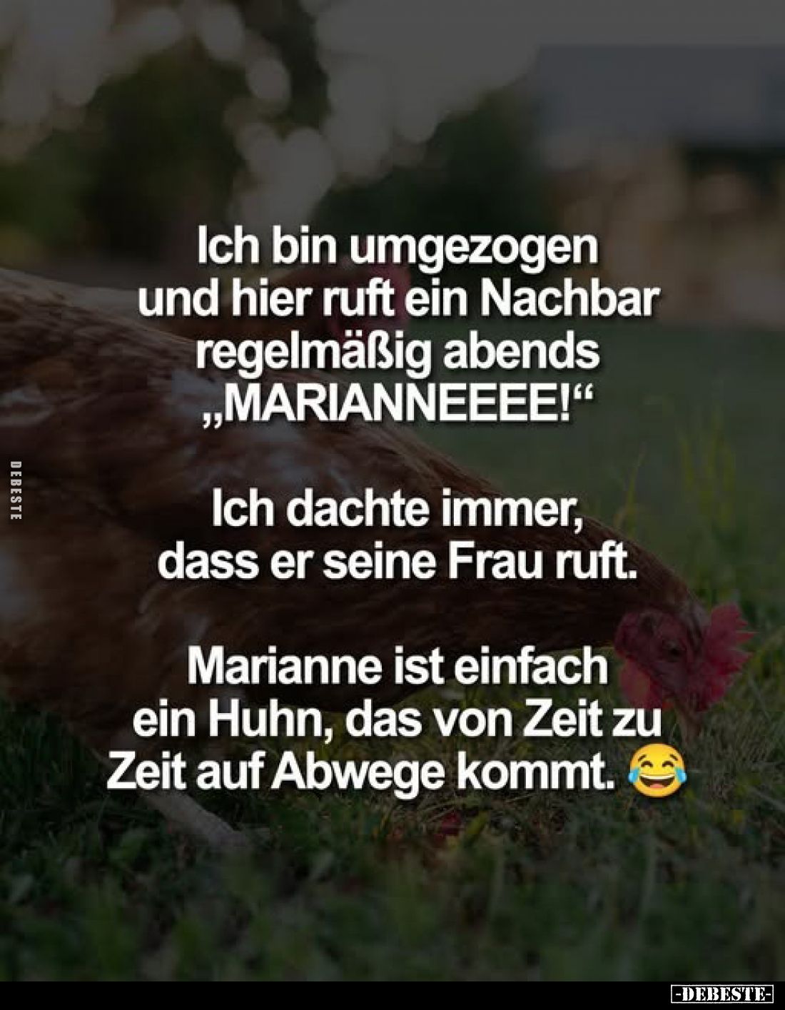 Ich bin umgezogen und hier ruft ein Nachbar regelmäßig abends „MARIANNEEEE!“.
Ich dachte immer, dass er seine Frau ruft.
Ma...