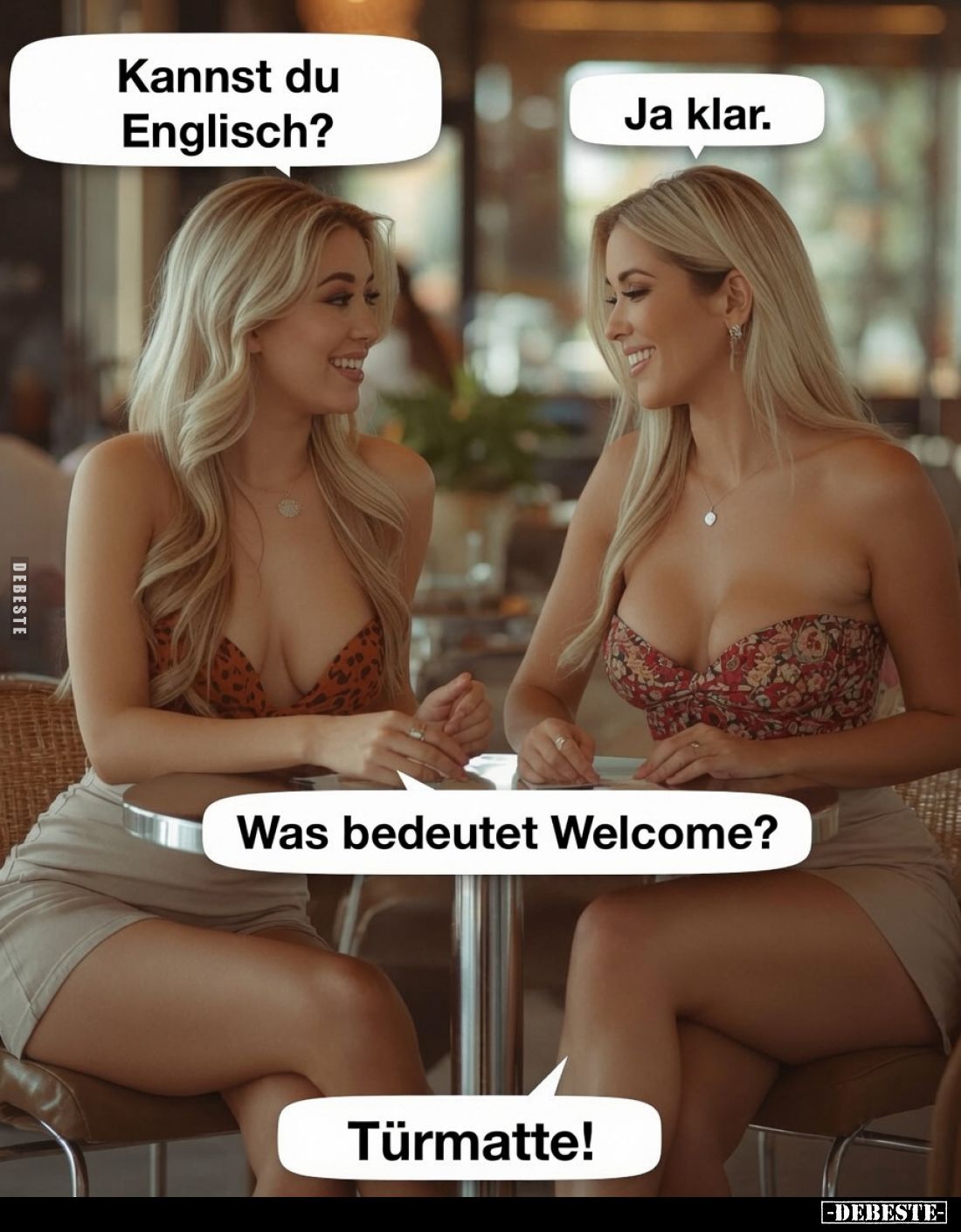 Kannst du Englisch? -
Ja klar. -
Was bedeutet Welcome? -
Türmatte!