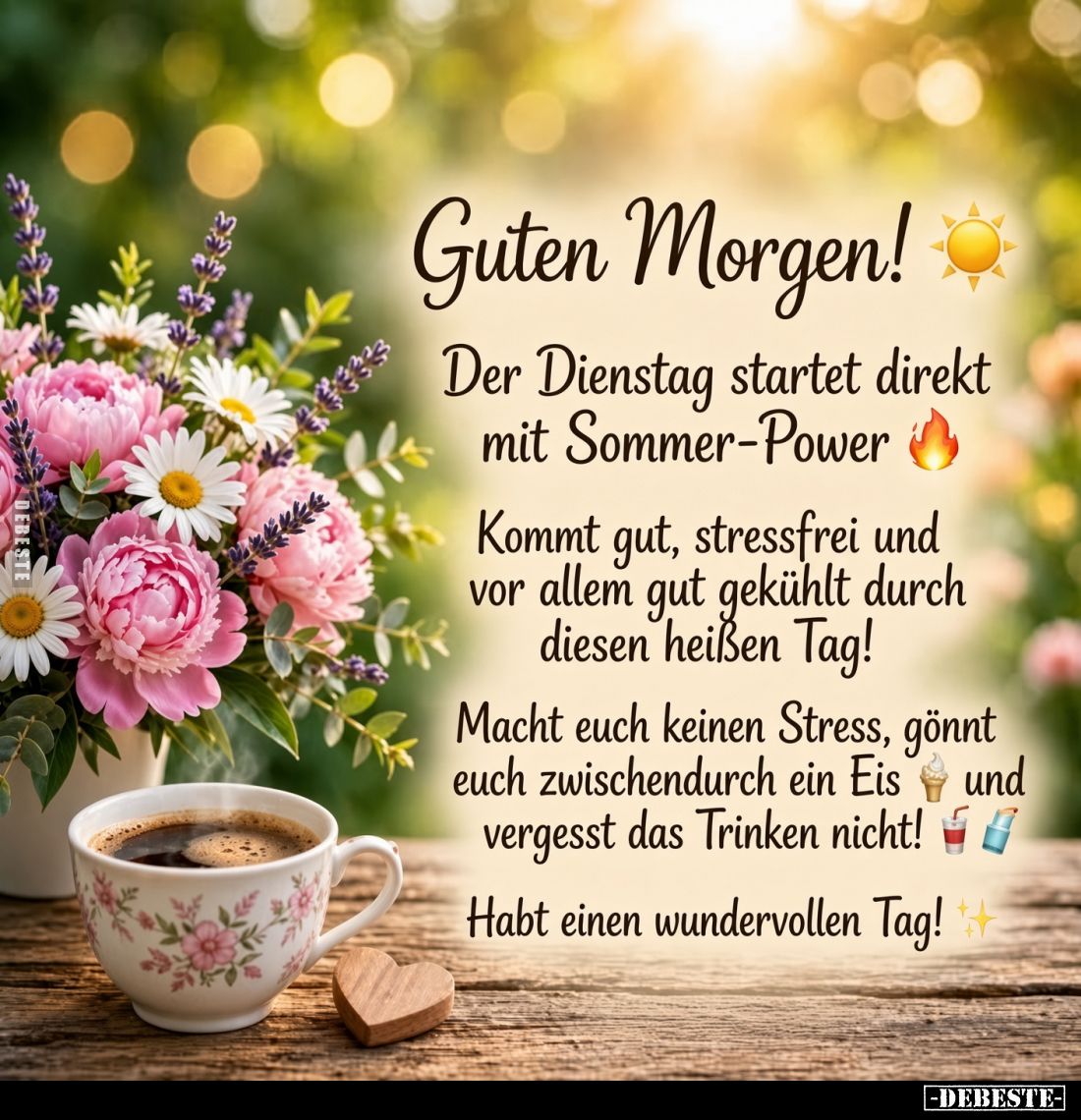 Guten Morgen!
Der Dienstag startet direkt mit Sommer-Power.
Kommt gut, stressfrei und vor allem gut gekühlt durch diesen he...