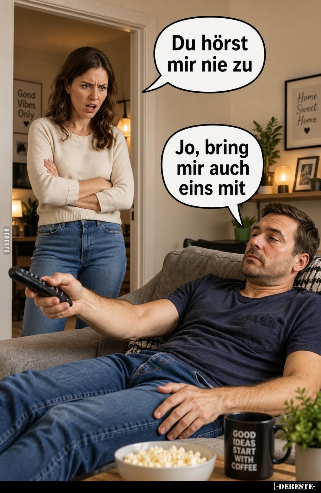 Du hörst mir nie zu.
Jo, bring mir auch eins mit.