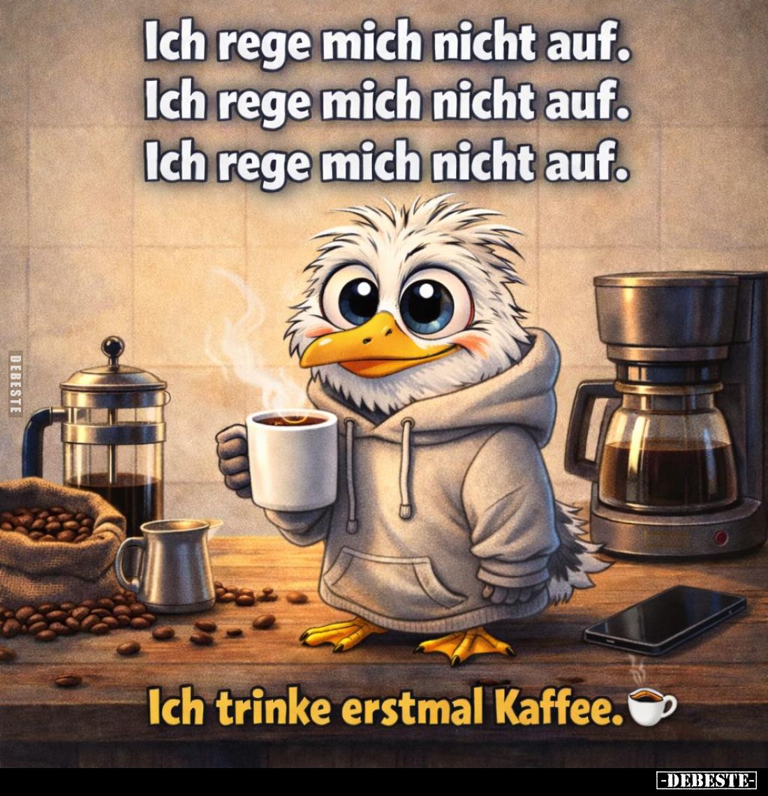 Ich rege mich nicht auf.
Ich rege mich nicht auf.
Ich rege mich nicht auf.
Ich trinke erstmal Kaffee.