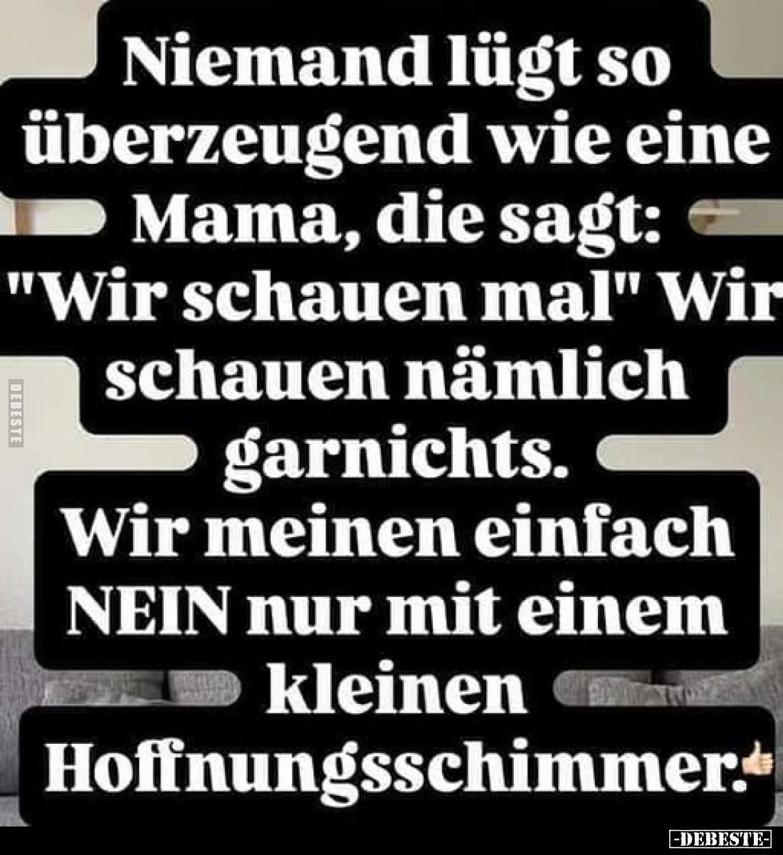 Niemand lügt so überzeugend wie eine Mama, die sagt: "Wir schauen mal" Wir schauen nämlich garnichts.
Wir meinen e...