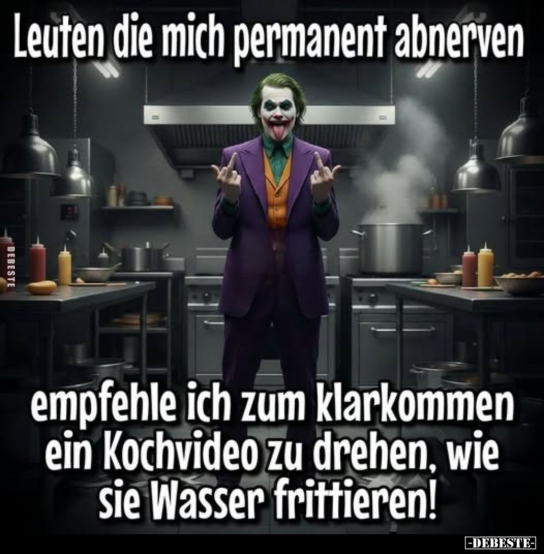 Leuten die mich permanent abnerven,
empfehle ich zum klarkommen ein Kochvideo zu drehen, wie sie Wasser frittieren!