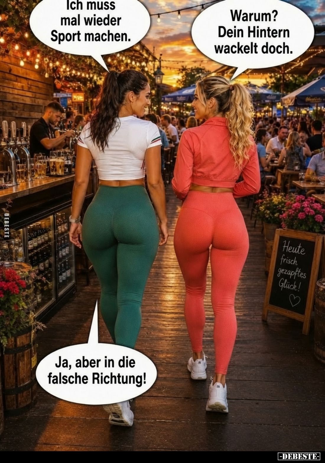 Ich muss mal wieder Sport machen. -
Warum? Dein Hintern wackelt doch.
-
Ja, aber in die falsche Richtung!