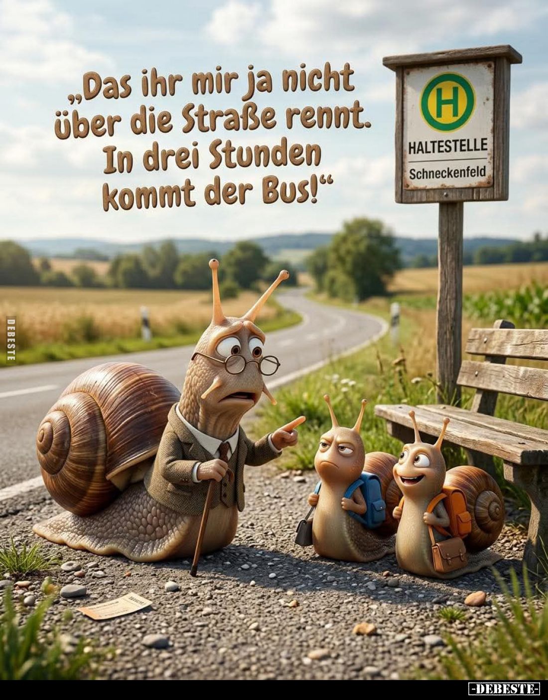 Das ihr mir ja nicht über die Straße rennt. In drei Stunden kommt der Bus!