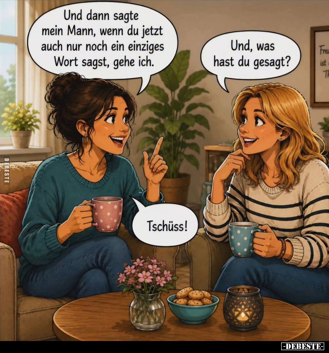 Und dann sagte mein Mann, wenn du jetzt auch nur noch ein einziges Wort sagst, gehe ich. -
Und, was hast du gesagt?
-
Tsch...