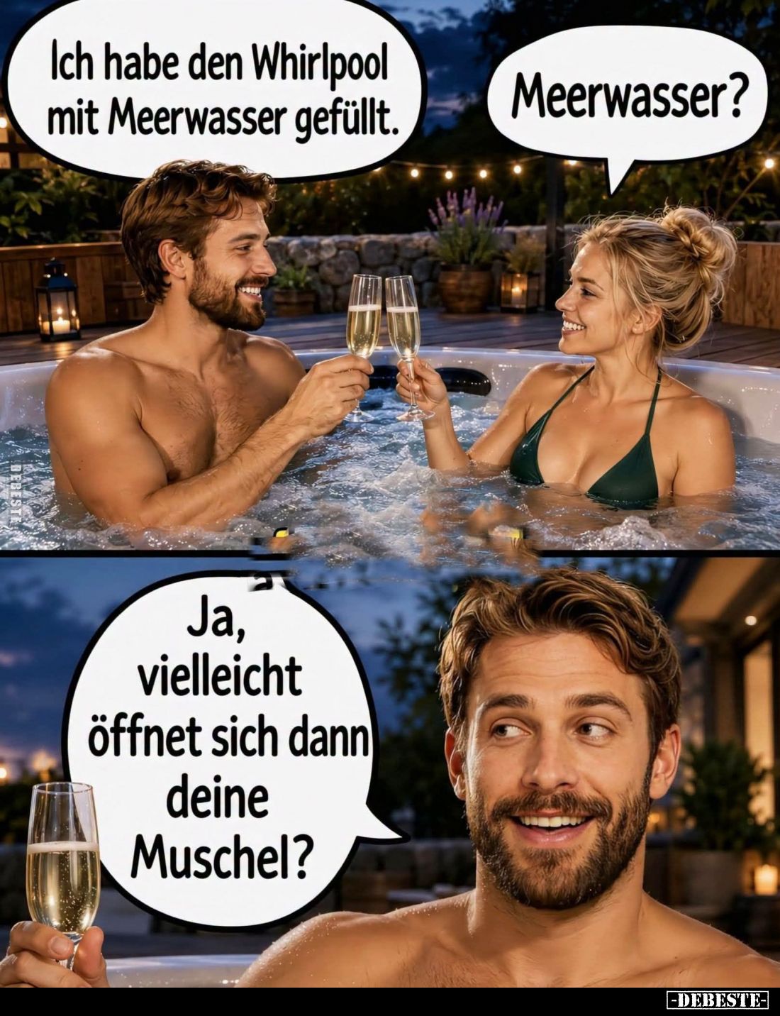 Ich habe den Whirlpool mit Meerwasser gefüllt. -
Meerwasser? -
Ja, vielleicht öffnet sich dann deine Muschel?