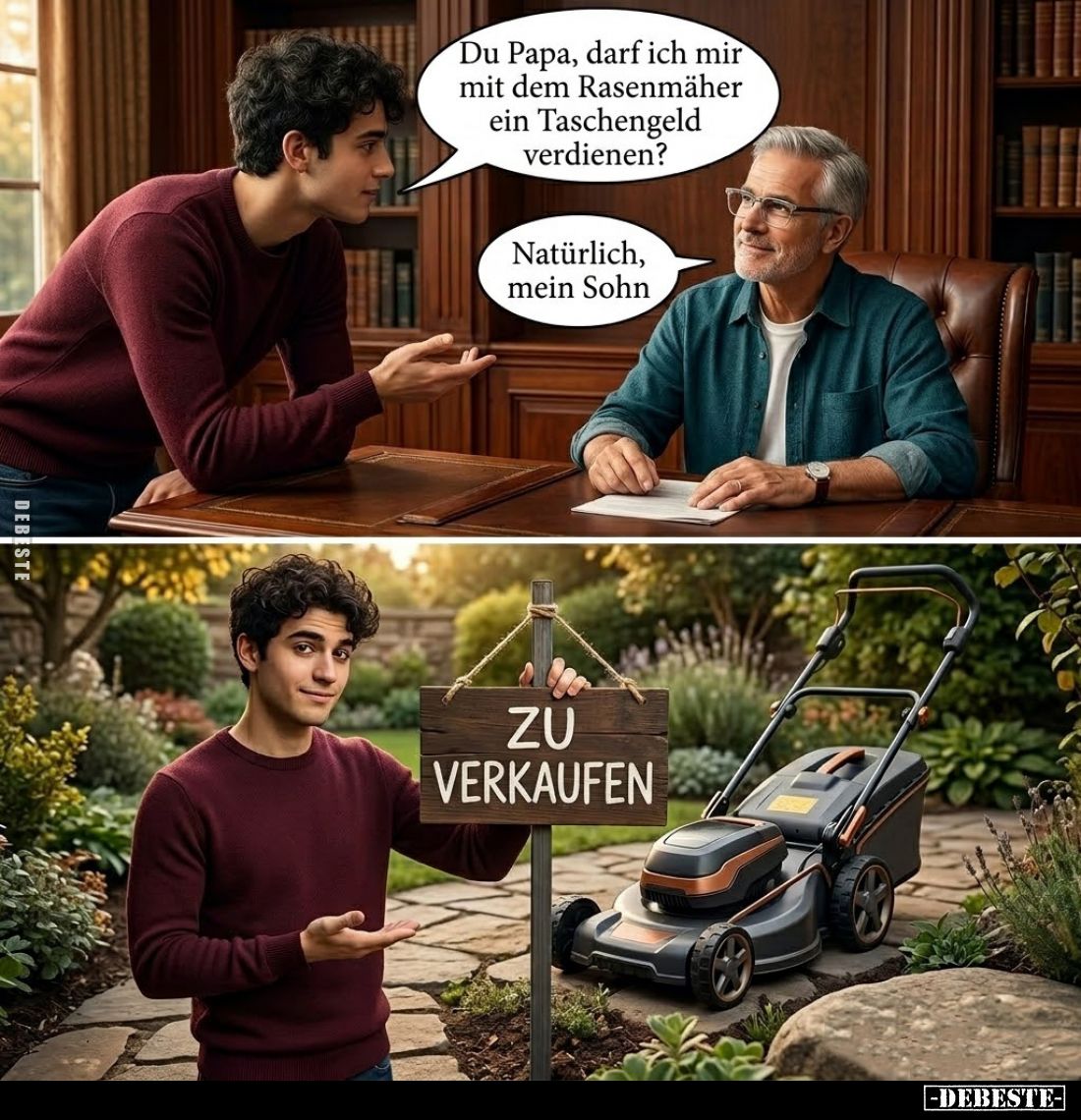 Du Papa, darf ich mir mit dem Rasenmäher ein Taschengeld verdienen? -
Natürlich, mein Sohn.