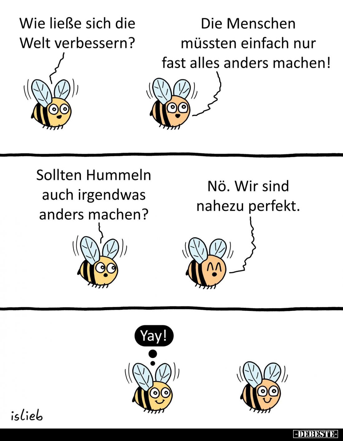 Wie ließe sich die Welt verbessern? -
Die Menschen müssten einfach nur fast alles anders machen! -
Sollten Hummeln auch irg...