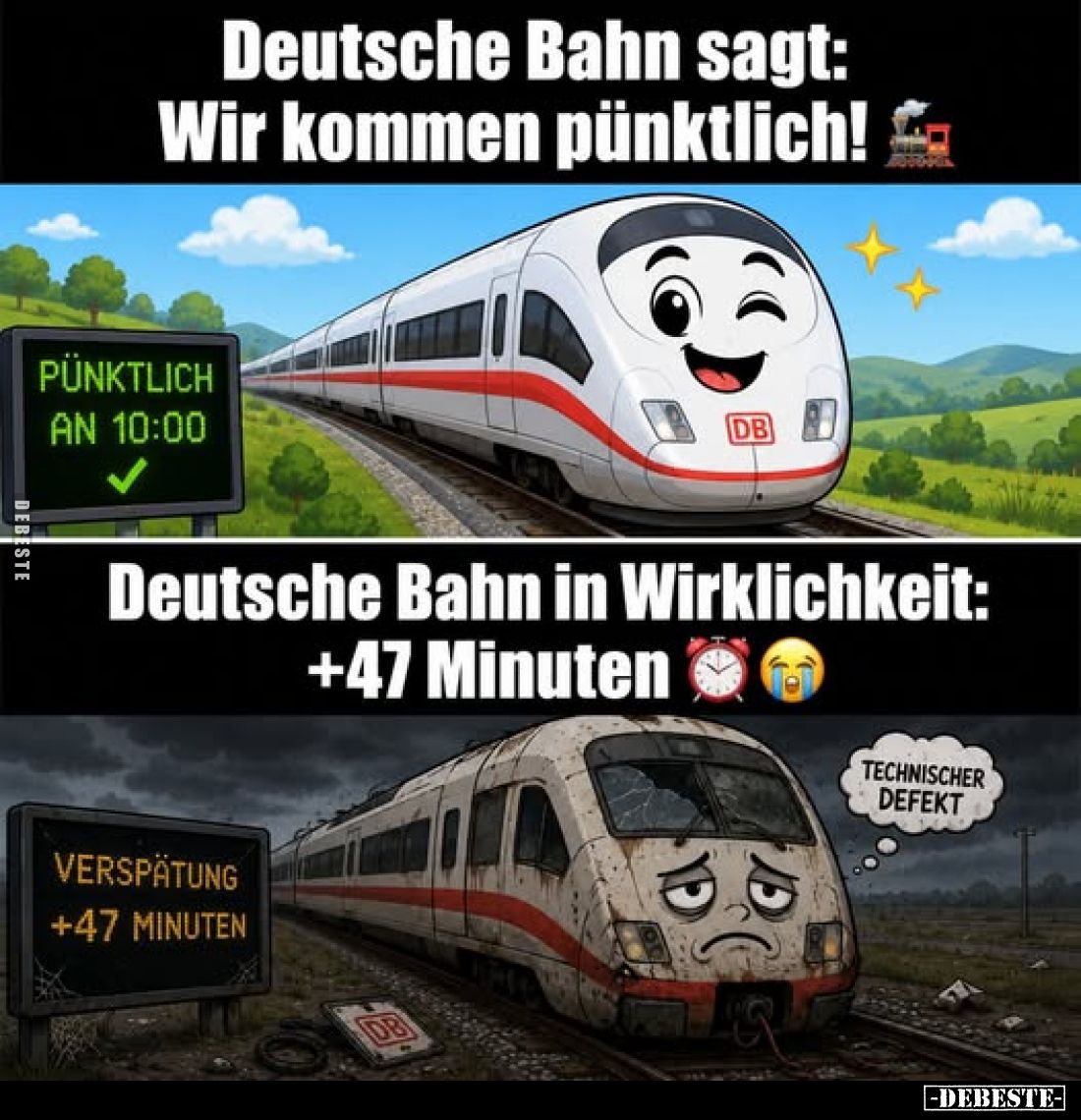 Deutsche Bahn sagt: Wir kommen pünktlich!
PÜNKTLICH AN 10:00
/
Deutsche Bahn in Wirklichkeit: +47 Minuten.
VERSPÄTUNG +47...