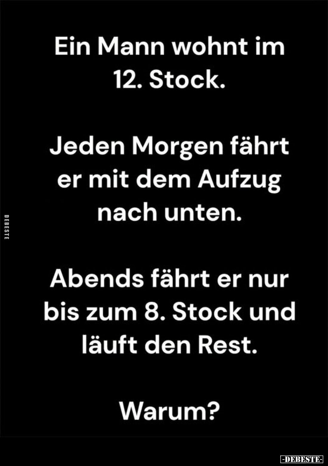 Ein Mann wohnt im 12. Stock.
Jeden Morgen fährt er mit dem Aufzug nach unten.
SOPHIA
Abends fährt er nur bis zum 8. Stock ...